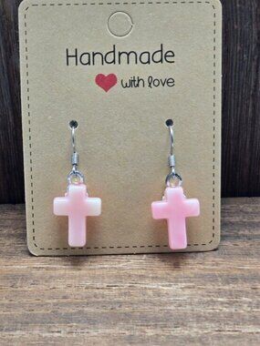 NWT Acrylic Pale Pink Cross Earrings Pierced Religious Dangle Drop Handmade OOAK